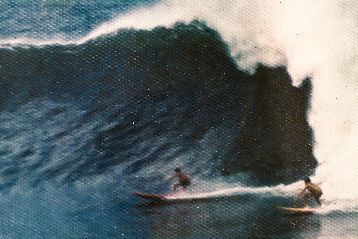 James MacLaren at Waimea Bay, Hawaii, 1973, photo by Billy Amell. You tend to remember this kind of stuff with surprising clarity for a lifetime, and I distinctly recall that the guy behind me did not make this wave, although it looks like he’s got a pretty good shot at it. The angle these photos were taken from is deceptive, because it looks like you're directly in front of things, looking straight at the wave as it comes right at you, but you are not. You are standing in somebody's back yard over toward the end of the point, and are looking more than just a little bit lengthwise along the line of the wave, from behind, and both riders in the frame are traveling in a direction significantly more "toward the beach" than the "down the line" direction this photo would give you to believe that they are traveling in. Bottom line: The safety of the channel, out on the shoulder of the wave, isn't nearly as "reachable" as the image makes it look.